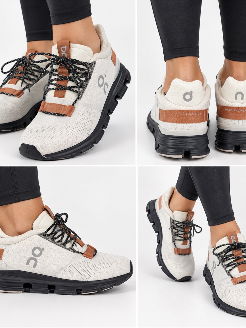 On Running White Sneakers with Brown Accents and Black Patterned Laces US size 8
